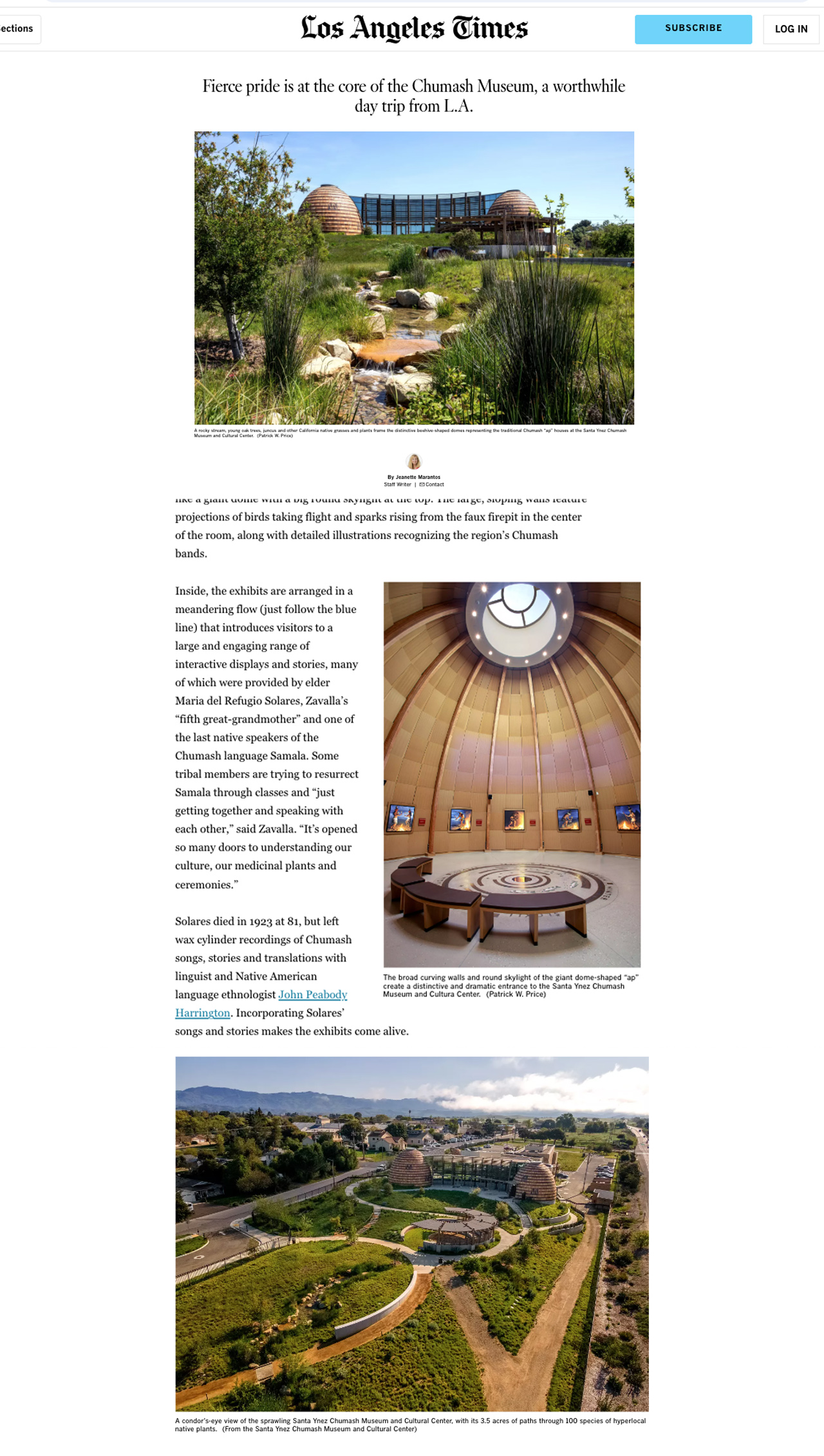 Los Angeles Times article featuring Patrick W. Price architectural photographer images of Santa Ynez Chumash Museum - LA Times