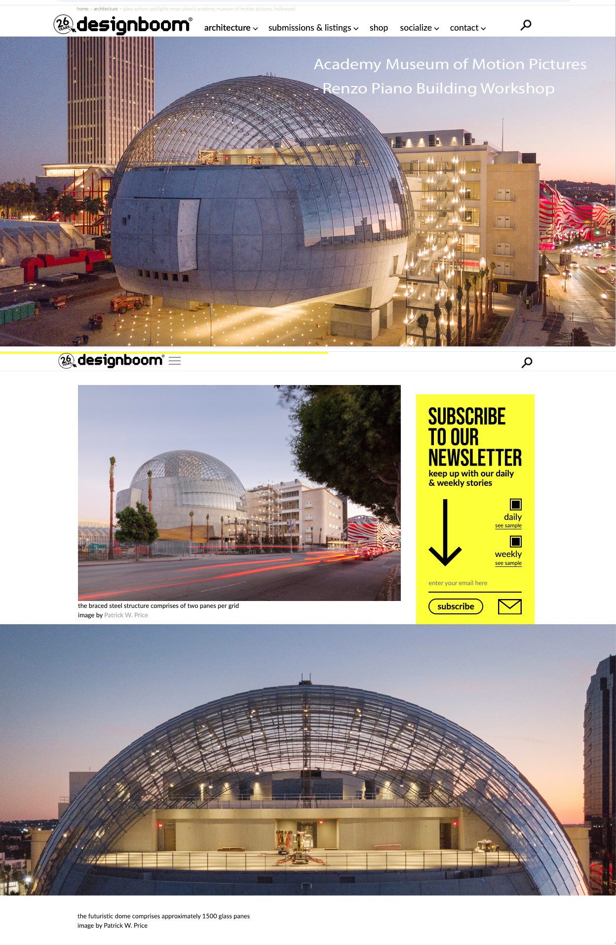 Designboom publishes photographs taken by LA architectural photographer Patrick W. Price featuring new The Academy Museum of Motion Pictures glass dome