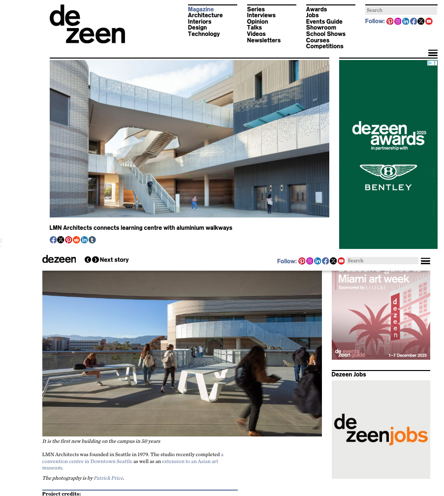 UCSB Interactive Learning Pavilion article published by Dezeen ,  photos by architectural photographer Patrick W. Price
