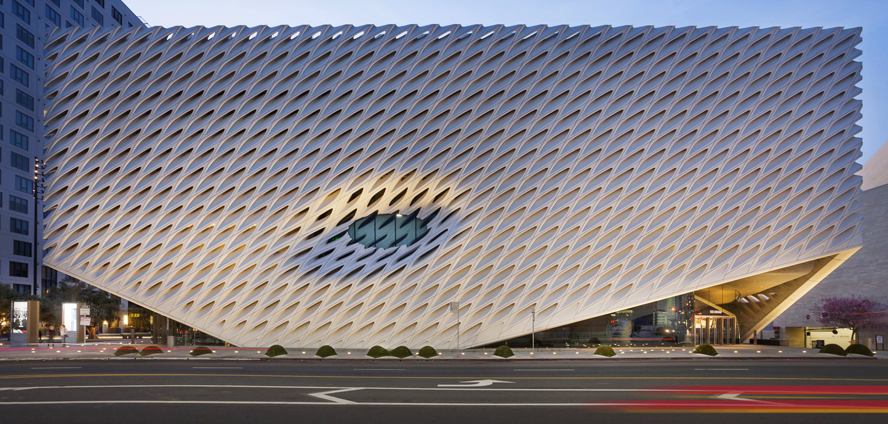The Broad Museum's porous facade at dusk in downtown Los Angeles captured by architectural photographer Patrick W. Price