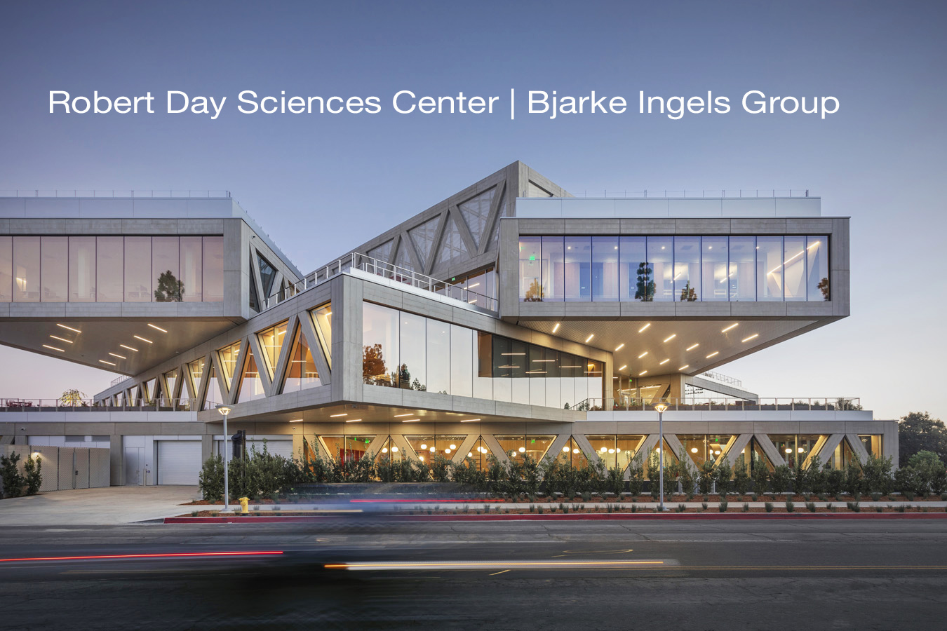 Dusk elevation exterior photo of Bjarke Ingel's first architectural project in Los Angeles-  Robert Day Sciences Center at Claremont McKenna College Captured by LA architectural photgrapher Patrick W. Price