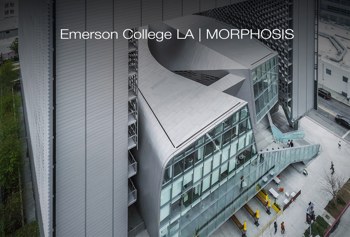 Aerial photograph of Emerson College in Hollywood - Morphosis Architects - Thom Mayne designer - image captured by Los Angeles architectural photographer Patrick W. Price